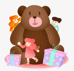 孩子收礼物大熊玩具和3个孩子高清图片