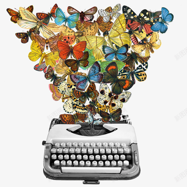 一群蝴蝶和打字机png免抠素材_88icon https://88icon.com 一群蝴蝶 创意打字机 打字机