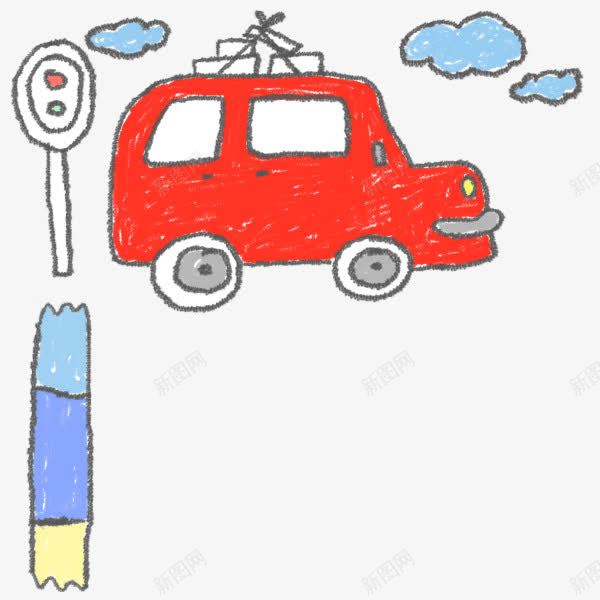 小孩子手绘图画png免抠素材_88icon https://88icon.com 云朵 交通信号灯 图画 小孩子 手绘 汽车