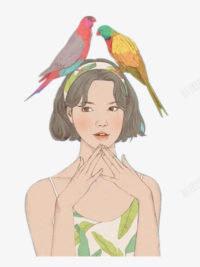 唯美插画png免抠素材_88icon https://88icon.com 女孩 彩色 装饰 鹦鹉