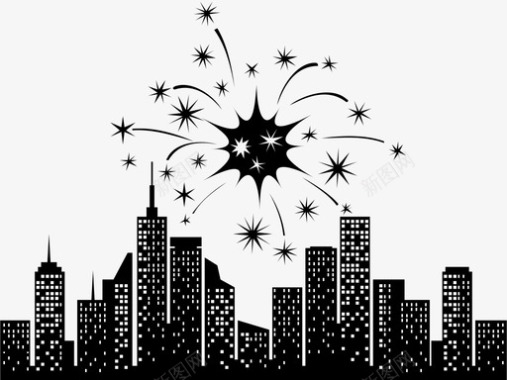 新年快乐打鼓烟花庆祝城市天际线图标图标