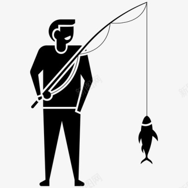 钓鱼鱼竿上的鱼渔民图标图标