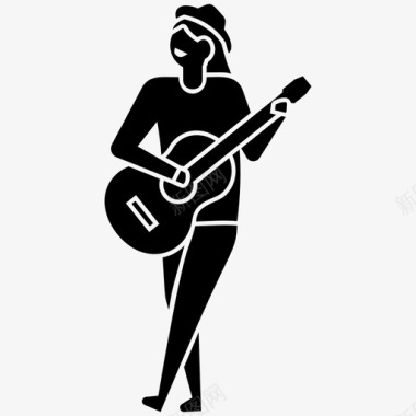插画女吉他手表演摇滚乐队图标图标