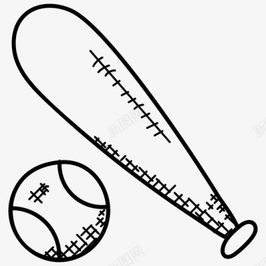 棒球球棒和球体育涂鸦图标图标