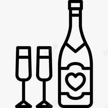 酒香槟和两杯食物圣瓦伦丁酒图标图标