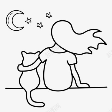 女孩和猫月亮屋顶图标图标