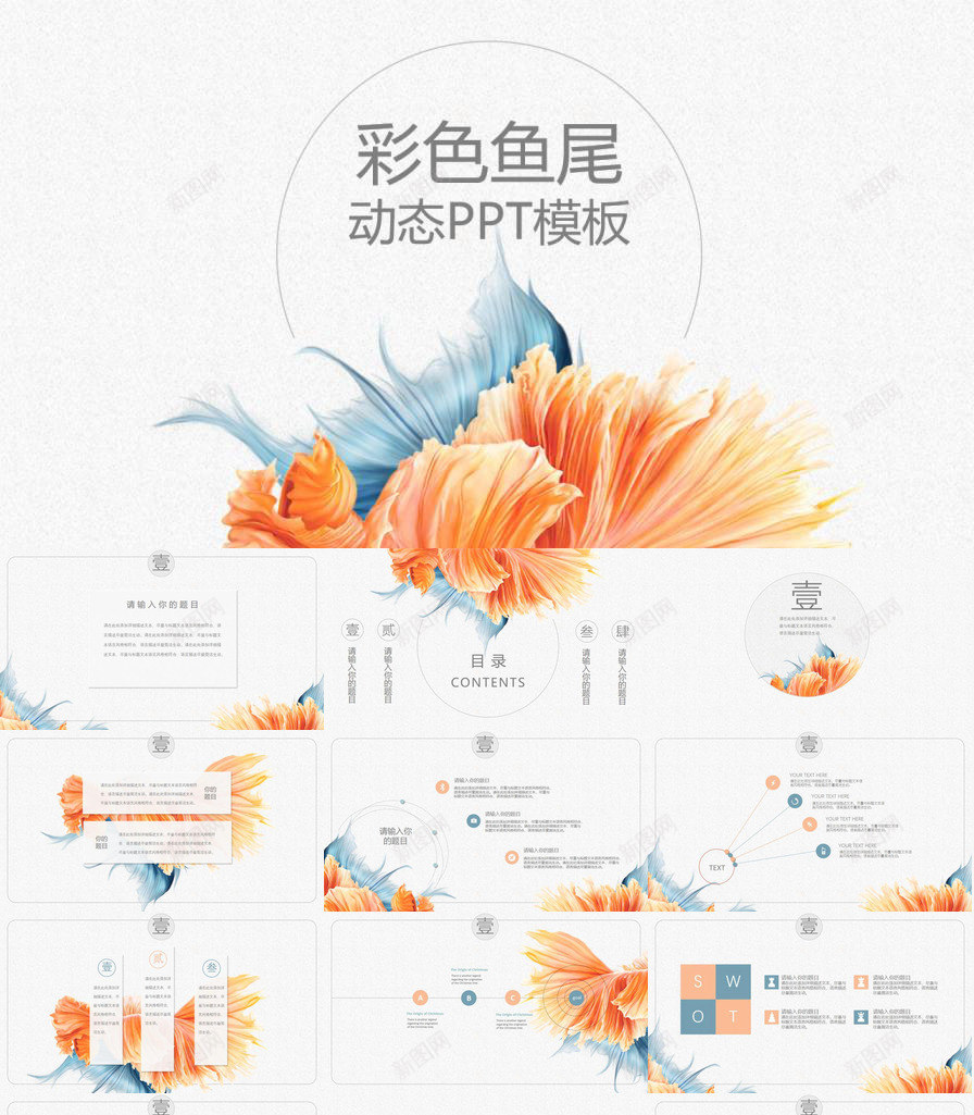 创意飘逸鱼尾装饰PPT模板_88icon https://88icon.com 创意 装饰 飘逸 鱼尾