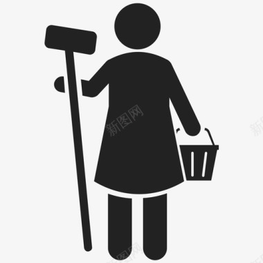拖把女孩扫帚清洁工清洁图标图标