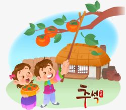 孩童和柿子树素材