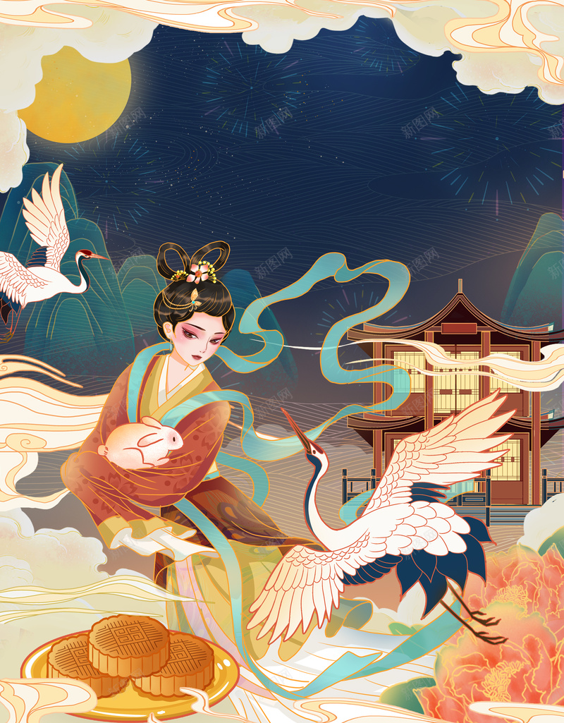 国潮仙鹤嫦娥抱兔手绘元素psd设计背景_88icon https://88icon.com 亭台 仙鹤 国潮 国潮背景墙 嫦娥抱兔 手绘元素