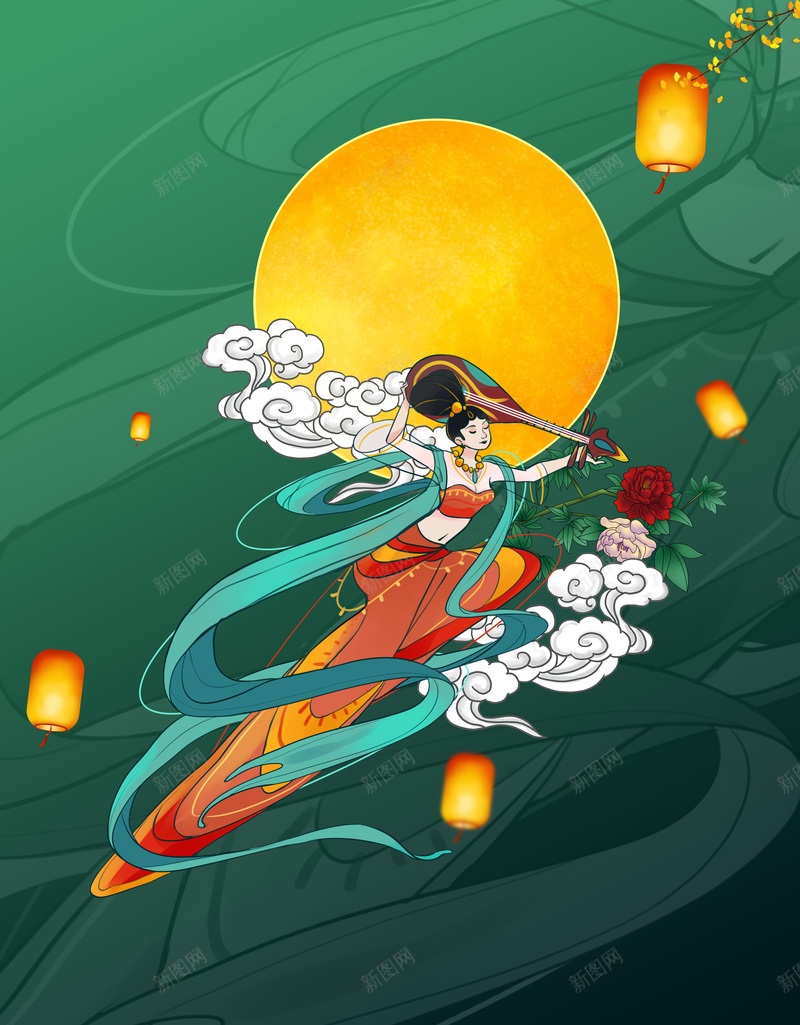 手绘国潮人物背景图装饰元素psd设计背景_88icon https://88icon.com 人物 国潮 国潮背景墙 手绘 祥云灯笼 背景图 装饰元素