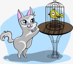 猫和笼子里的鸟素材