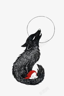 黑白狼狼嚎插画高清图片