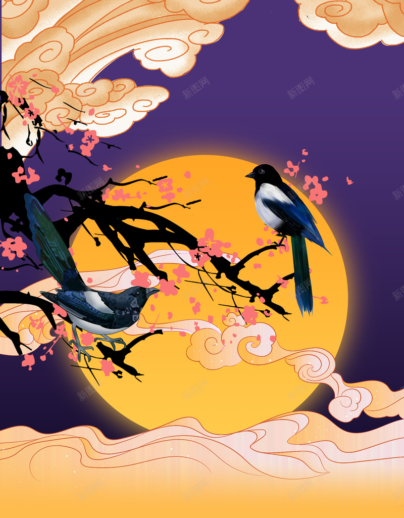 手绘花鸟装饰背景图元素psd设计背景_88icon https://88icon.com 手绘 手绘元素 月亮 树枝 祥云 背景图 花鸟装饰元素