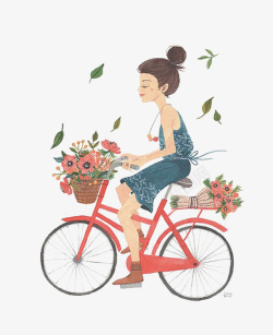 骑车的小女孩手绘春天小女孩骑车踏春高清图片