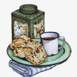 干面包和咖啡手绘画片素材