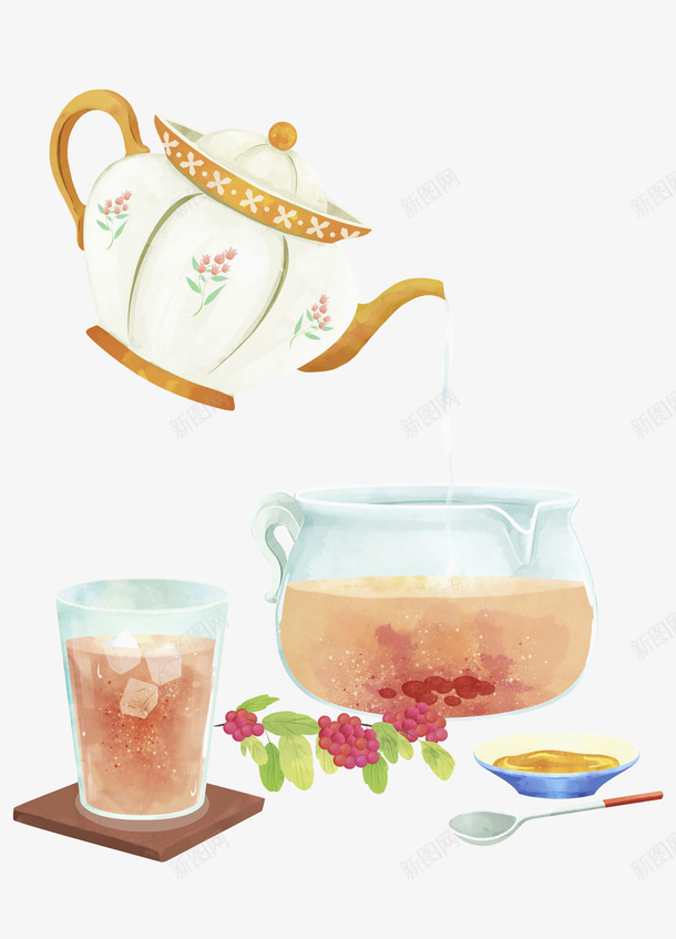 手绘西式下午茶红茶一壶茶png免抠素材_88icon https://88icon.com 一壶茶 下午茶 手绘茶 红茶 茶具 茶壶 茶杯