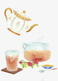 手绘西式下午茶红茶一壶茶素材