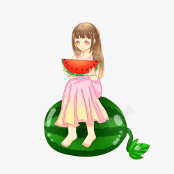 吃西瓜的小孩插画夏天夏季夏天吃西瓜女孩高清图片