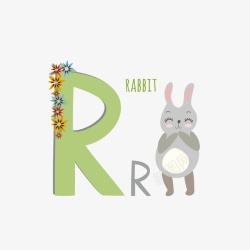 灰色开心的小兔子字母R矢量图素材