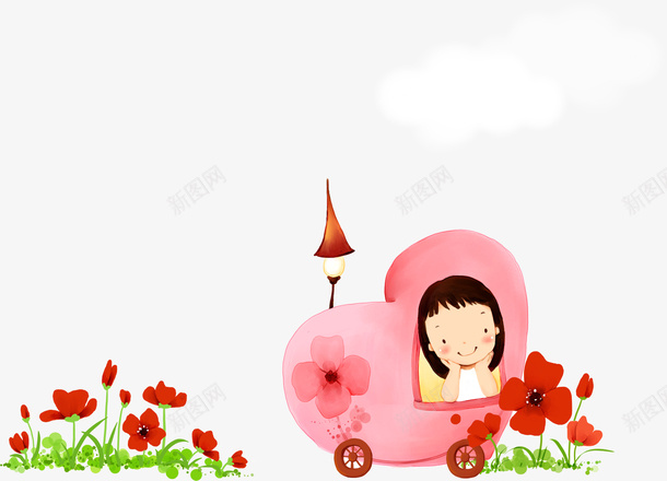 爱心车里面的女孩psd免抠素材_88icon https://88icon.com 人物插画 卡通女孩 卡通插画 女孩插画 爱心车 花朵