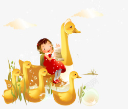 手绘鸭群与女孩矢量图素材