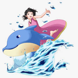 手绘夏季戏水玩水鲸鱼女孩插画素材