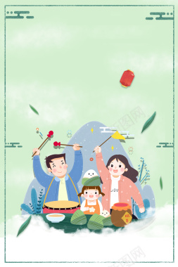 手绘端午节一家人包粽子元素背景