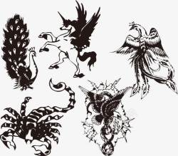 纹身图腾图案凤凰蝎子矢量图素材