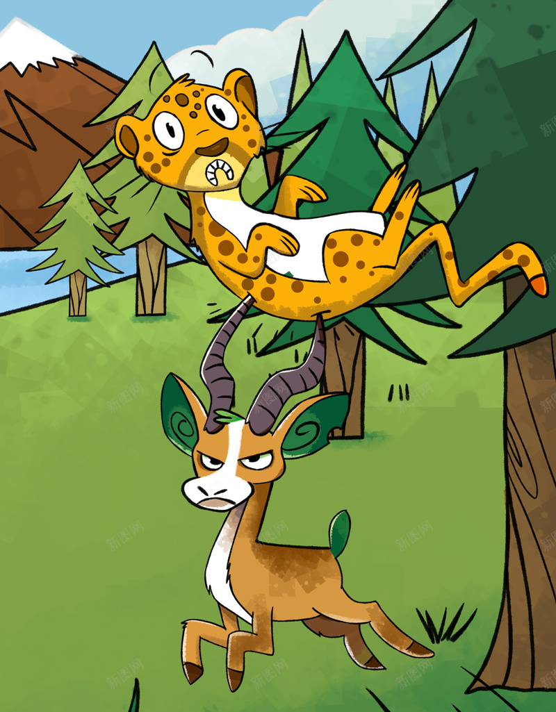 花豹鹿儿童画卡通动物psd设计背景_88icon https://88icon.com 儿童画 卡通动物 卡通花豹 花豹 鹿