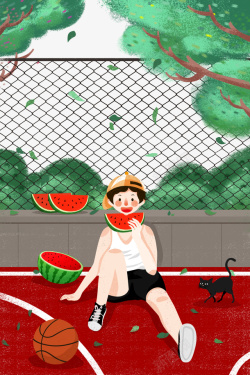 大暑夏天手绘人物西瓜猫树枝篮球场素材