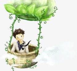 绿色插画人物男孩花朵花篮素材
