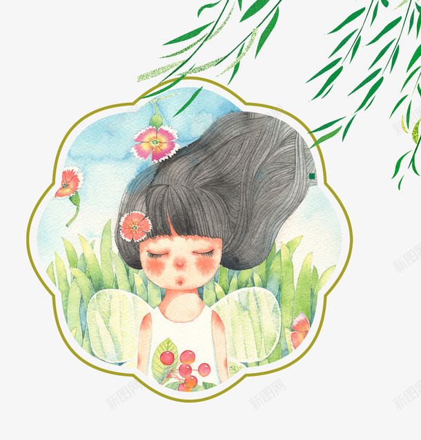 卡通手绘睡觉的女孩psd免抠素材_88icon https://88icon.com 免抠手绘女孩 卡通 手绘 树叶装饰 睡觉的女孩 粉色的花朵