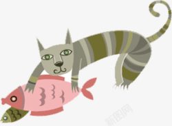 卡通猫抓鱼素材