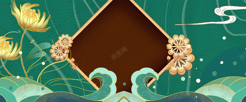 海上菊花绿色背景psd设计背景_88icon https://88icon.com 国潮 国潮背景墙 国风 手绘 横版