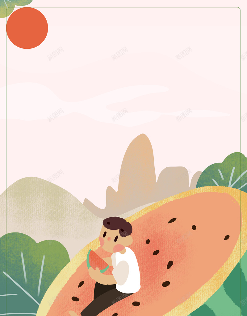 手绘卡通夏季背景图psd设计背景_88icon https://88icon.com 卡通人物 夏天 植物装饰元素 艺术字 西瓜