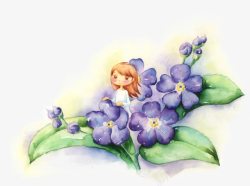 手绘紫色花朵女孩植物素材