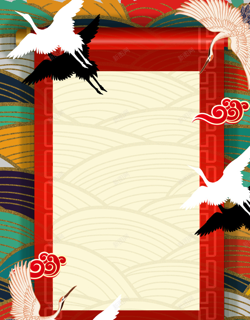 国潮丹顶鹤背景图手绘元素图psd设计背景_88icon https://88icon.com 丹顶鹤 云纹 元素图 卷轴 国潮 国潮背景墙 国画 底纹元素 手绘 背景图
