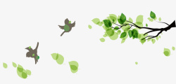 手绘绿色树枝小鸟装饰图案素材