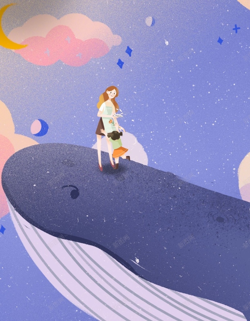 白鲸手绘插画jpg设计背景_88icon https://88icon.com 云朵 手绘 插画 星星 母与女 母女 白鲸