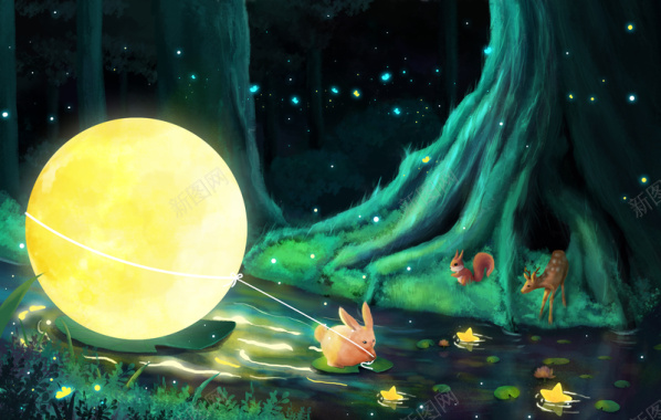 中秋节兔子拉月亮背景