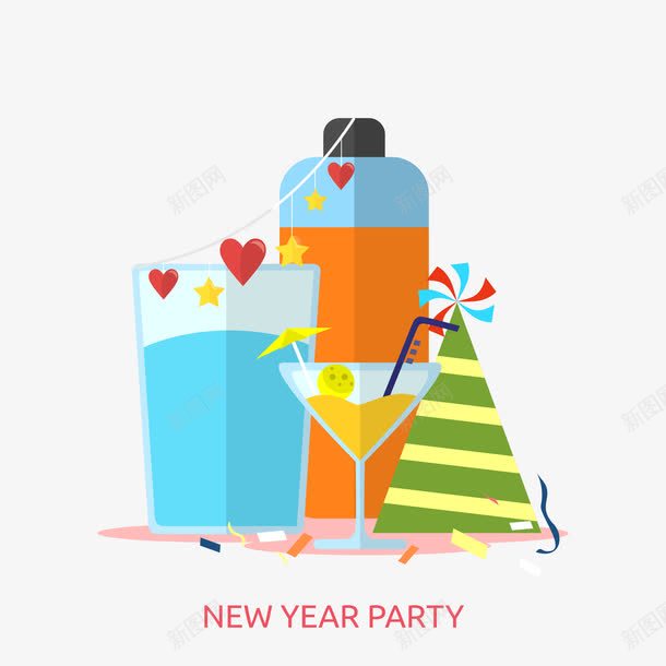 扁平新年partypng免抠素材_88icon https://88icon.com 帽子 新年party 饮料