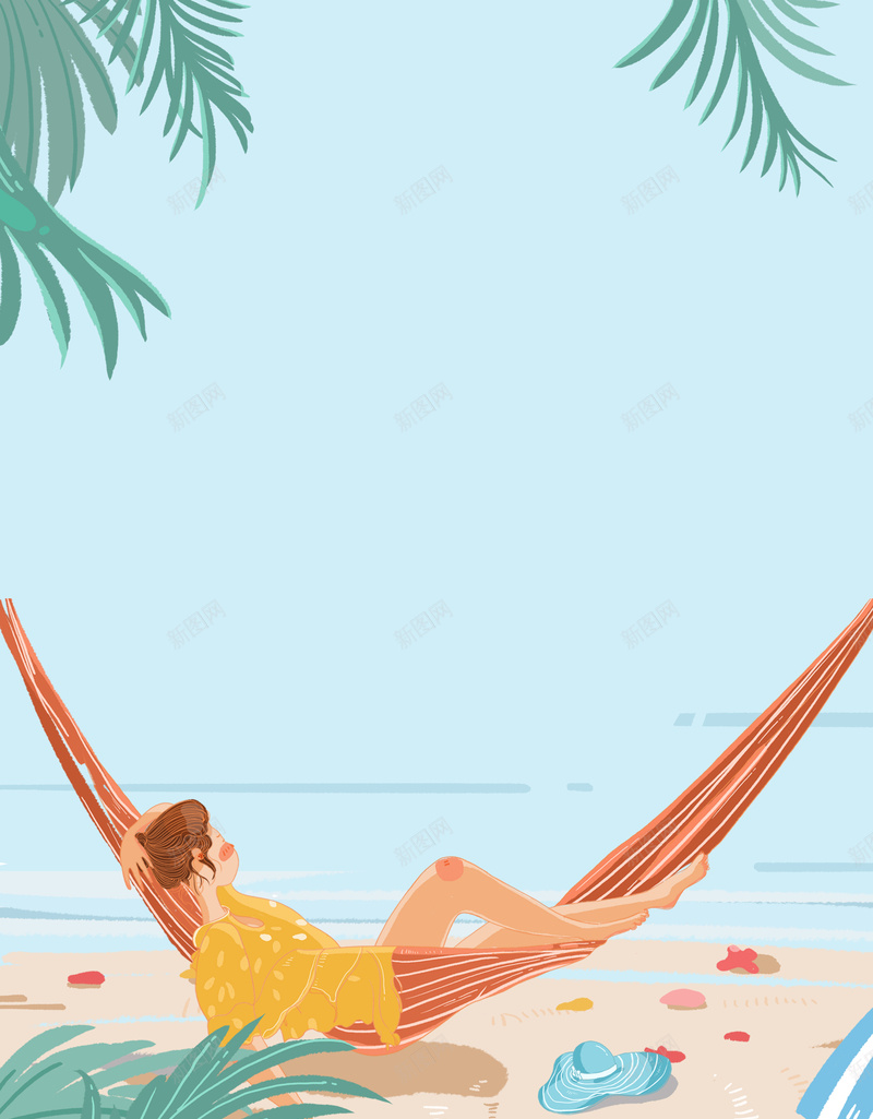 海滩吊床手绘背景图psd设计背景_88icon https://88icon.com 吊床 夏天 夏至 手绘元素 植物装饰 海滩