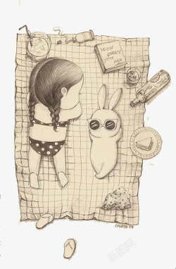 手绘女孩与兔子矢量图素材