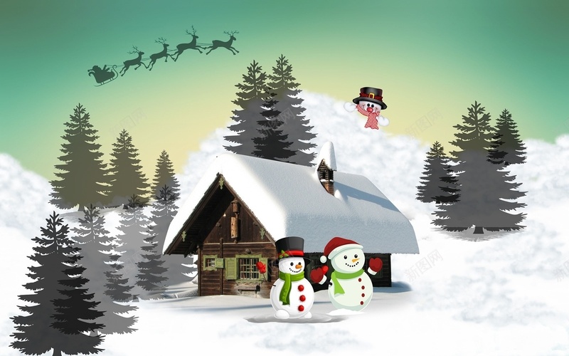 冬天卡通插画jpg设计背景_88icon https://88icon.com 北欧风 圣诞树 雪人 雪屋 雪景 雪橇 麋鹿
