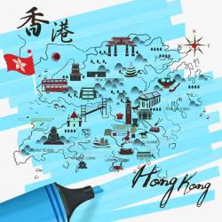 手绘香港旅游指南线路图素材