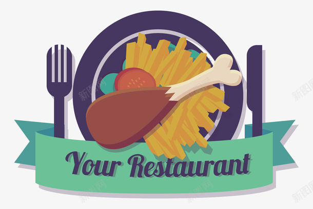 你的餐馆矢量图ai免抠素材_88icon https://88icon.com 棕色的鸡腿 绿色的标签 英文字母 蓝色的盘子 食品 餐馆 矢量图