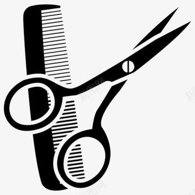 梳子和剪刀美容院概念头发设置图标图标