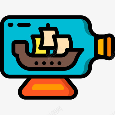 卡通船装在瓶子里的船海盗生活5线性颜色图标图标