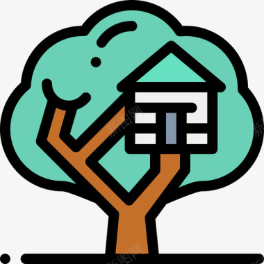卡通轨道树屋房屋类型21线形颜色图标图标